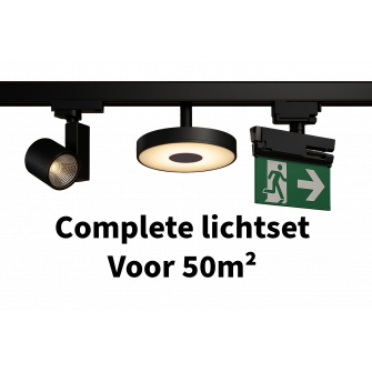 Complete 3-Fase Lichtpakket 50 m² – Zwart Rail + 26 LED Spots & Noodverlichting